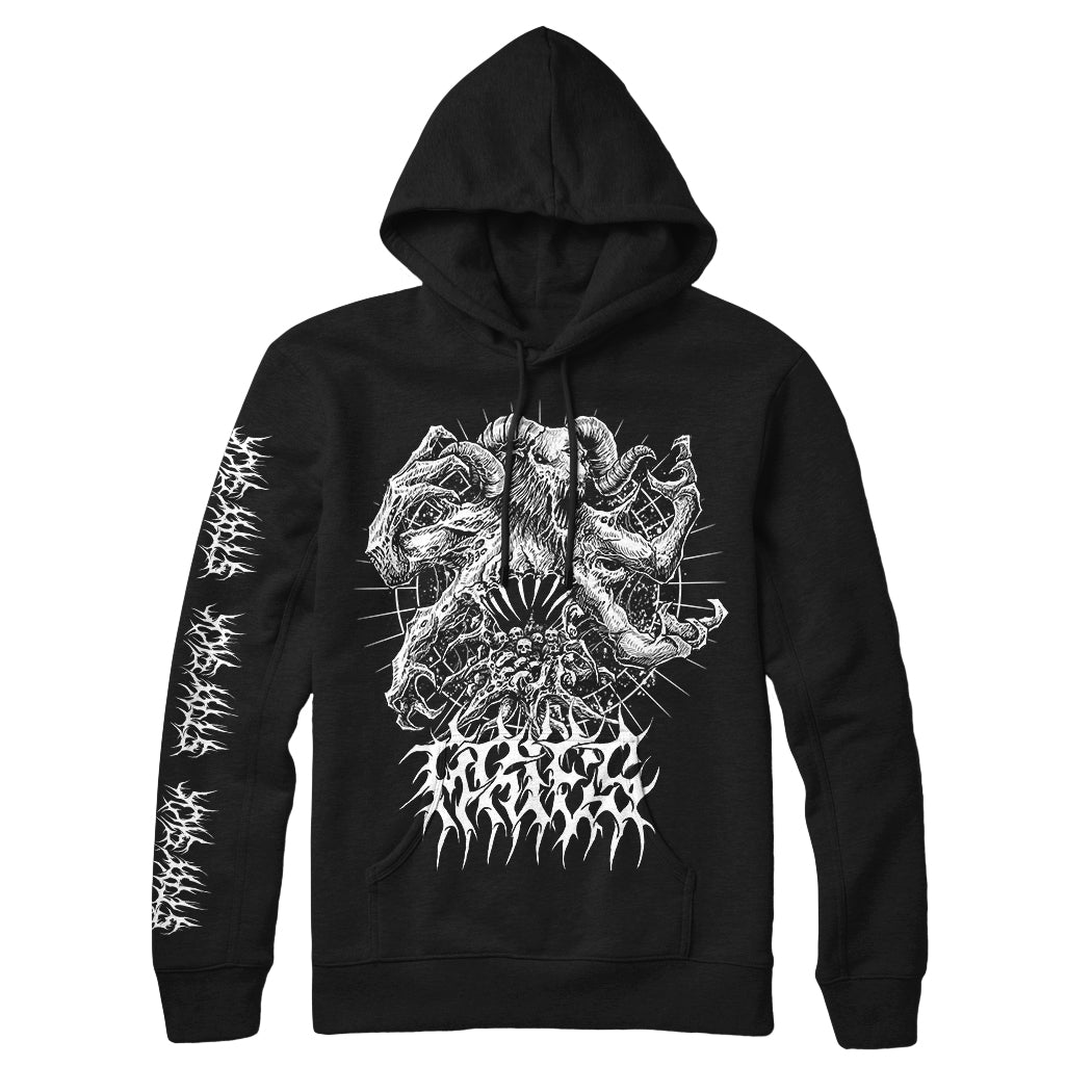 Stay Sick Clothing black hoodie featuring detailed white intertwined ram skulls and abstract patterns on the chest, stylized unreadable white text, and sleeves with a repeating flame-like white design.