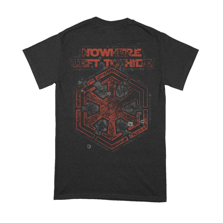 Limited edition black Within Destruction t-shirt featuring distressed red "NOWHERE LEFT TO HIDE" text above a large, weathered red Sith Empire emblem on the back. Ideal for fans of unique printed tees.