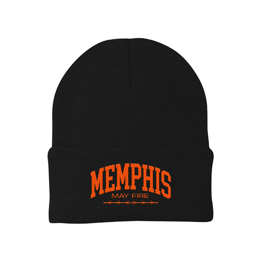 A black beanie from Memphis May Fire featuring MEMPHIS in bold orange embroidery and MAY FIRE below—perfect for pairing with your varsity jacket or Black Winter style.