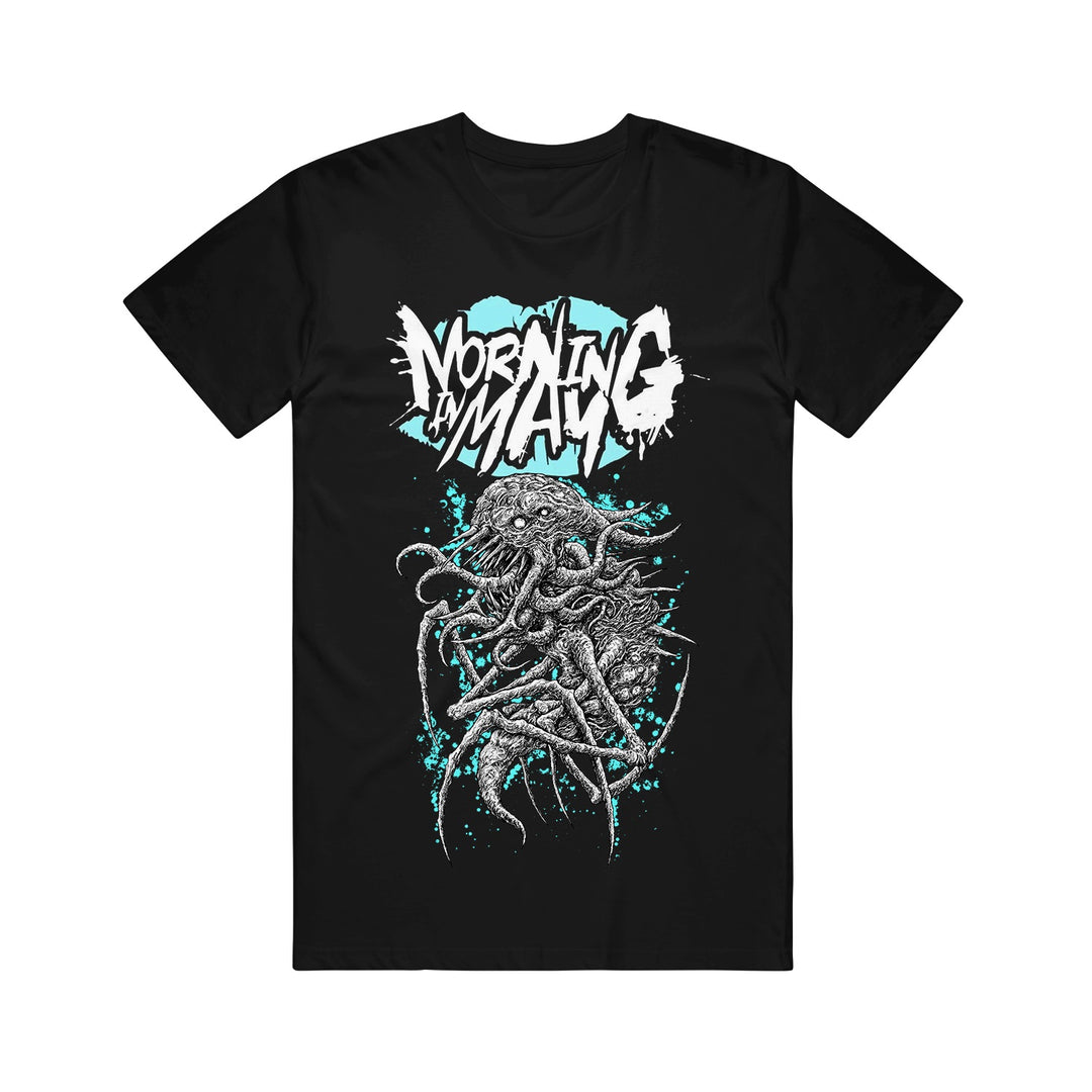 Morning In May Black T-Shirt featuring the band’s name above a tentacled creature, accented with bold teal splatters for a striking design.