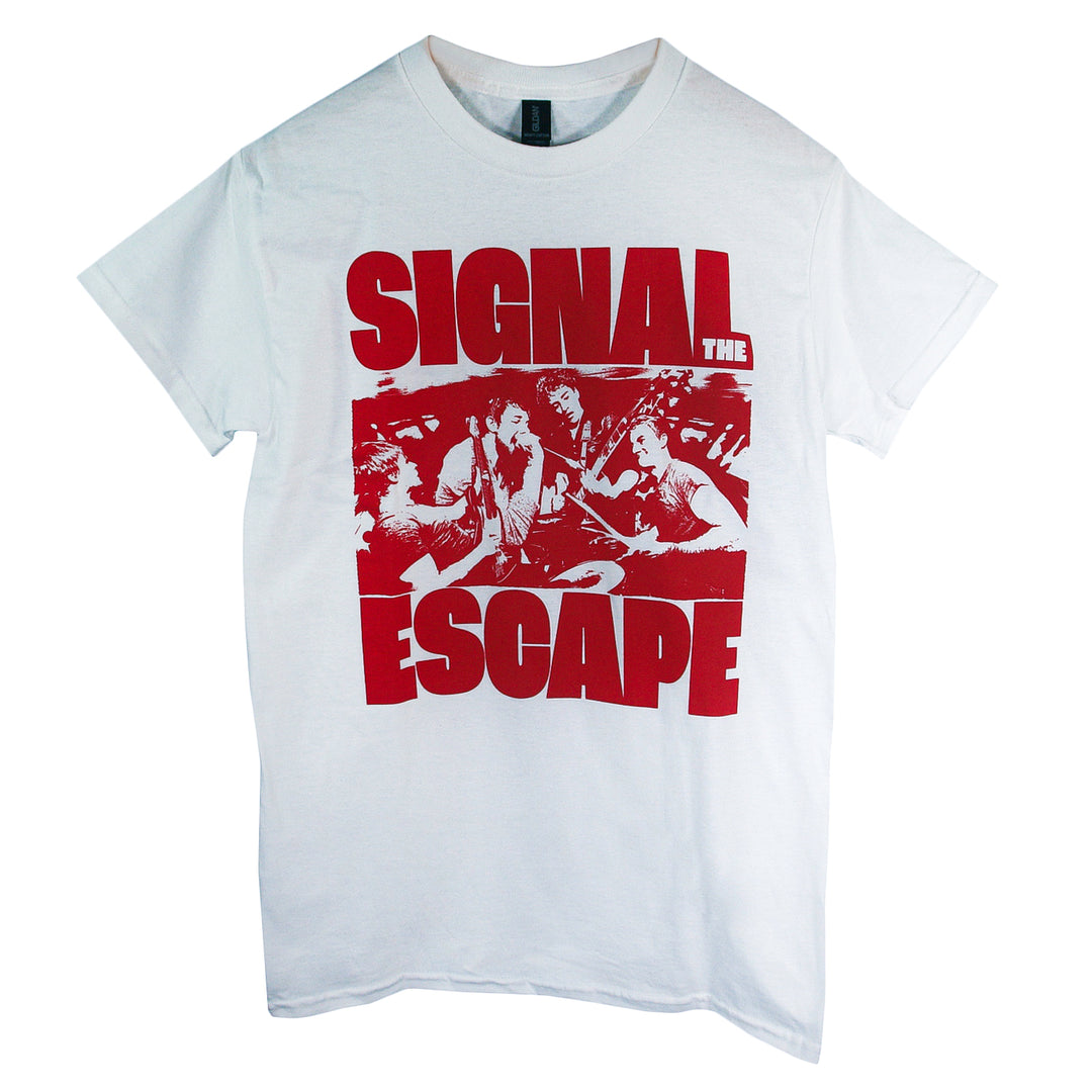 Signal The Escape band tee: features bold red “SIGNAL THE ESCAPE” text and a striking central photo of the four-member band, surrounded by the text.
