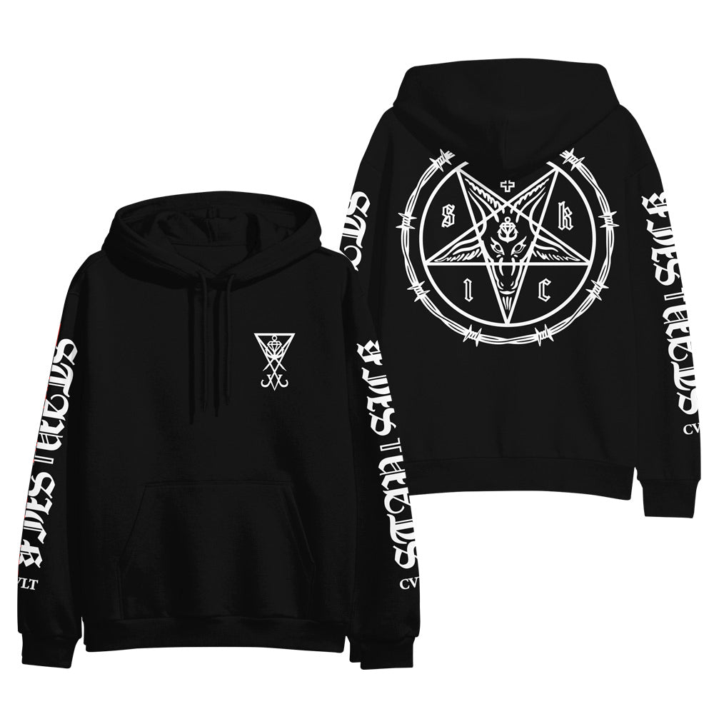 Stay Sick Clothing black hoodie with white occult-style symbols: small goat head pentagram on chest, large barbed wire pentagram with goat’s head on back, and bold white text design on sleeves.