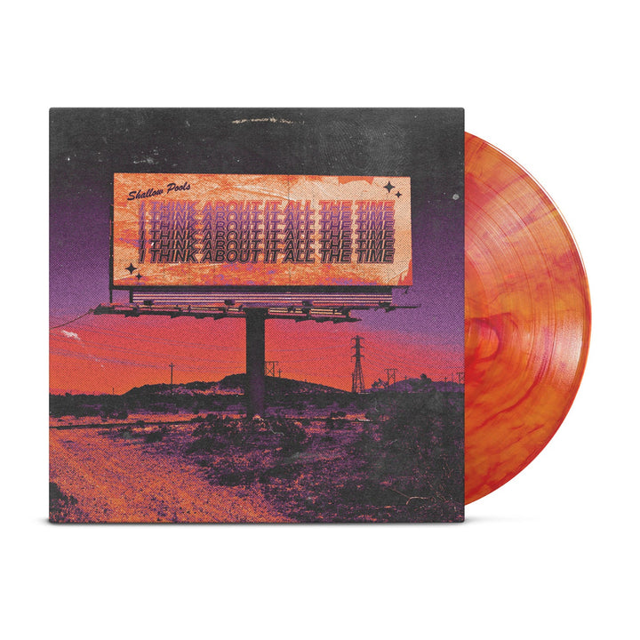 A limited edition 250 Yellow/Orange Marble LP from Shallow Pools is partially visible behind its album cover, featuring a sunset billboard with I THINK ABOUT IT ALL THE TIME over a purple-red landscape.