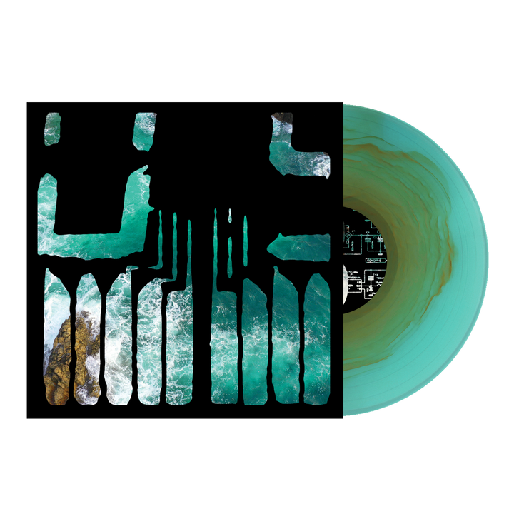 A turquoise marbled "A Whole New Theory" vinyl by Joshua sits beside its album cover, adorned with bold black graphics over an ocean waves photo, in this limited edition reissue.