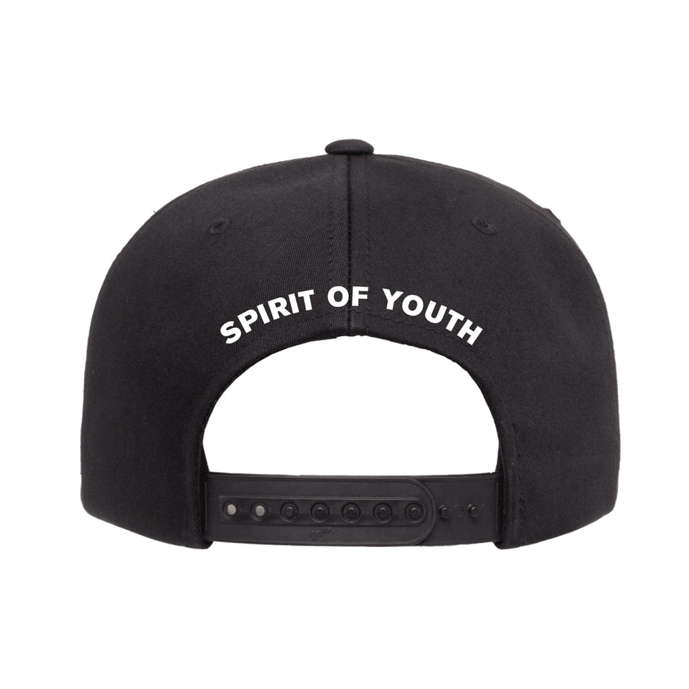 The back view of a black Straight Ahead Yupoong Hat features "SPIRIT OF YOUTH" in white above the adjustable snap closure. Now available for presale—reserve your hat before shipping starts.