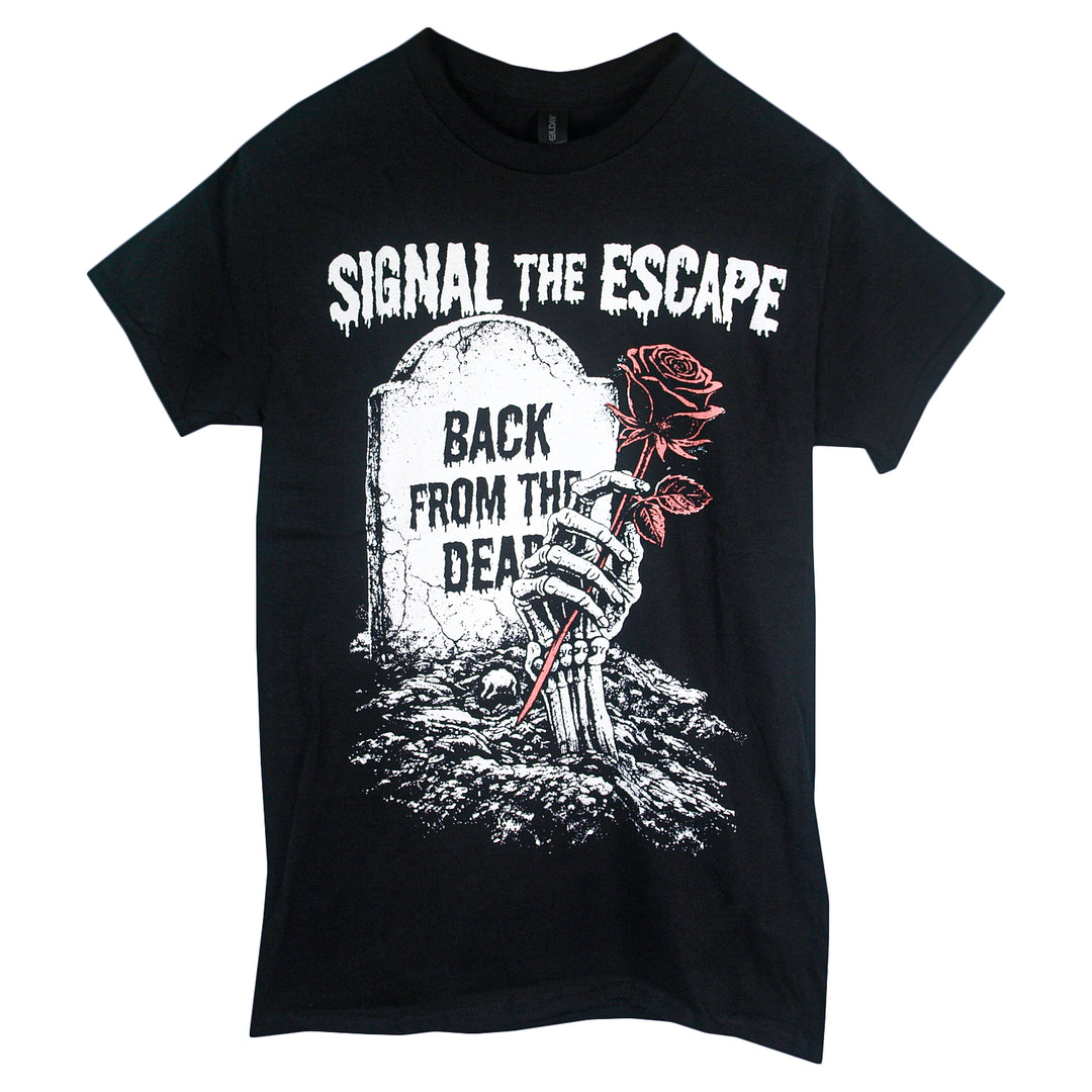 Signal The Escape black T-shirt with a grave design, gravestone reading SIGNAL THE ESCAPE and BACK FROM THE DEAD, plus a skeletal hand rising from the earth holding a red rose.