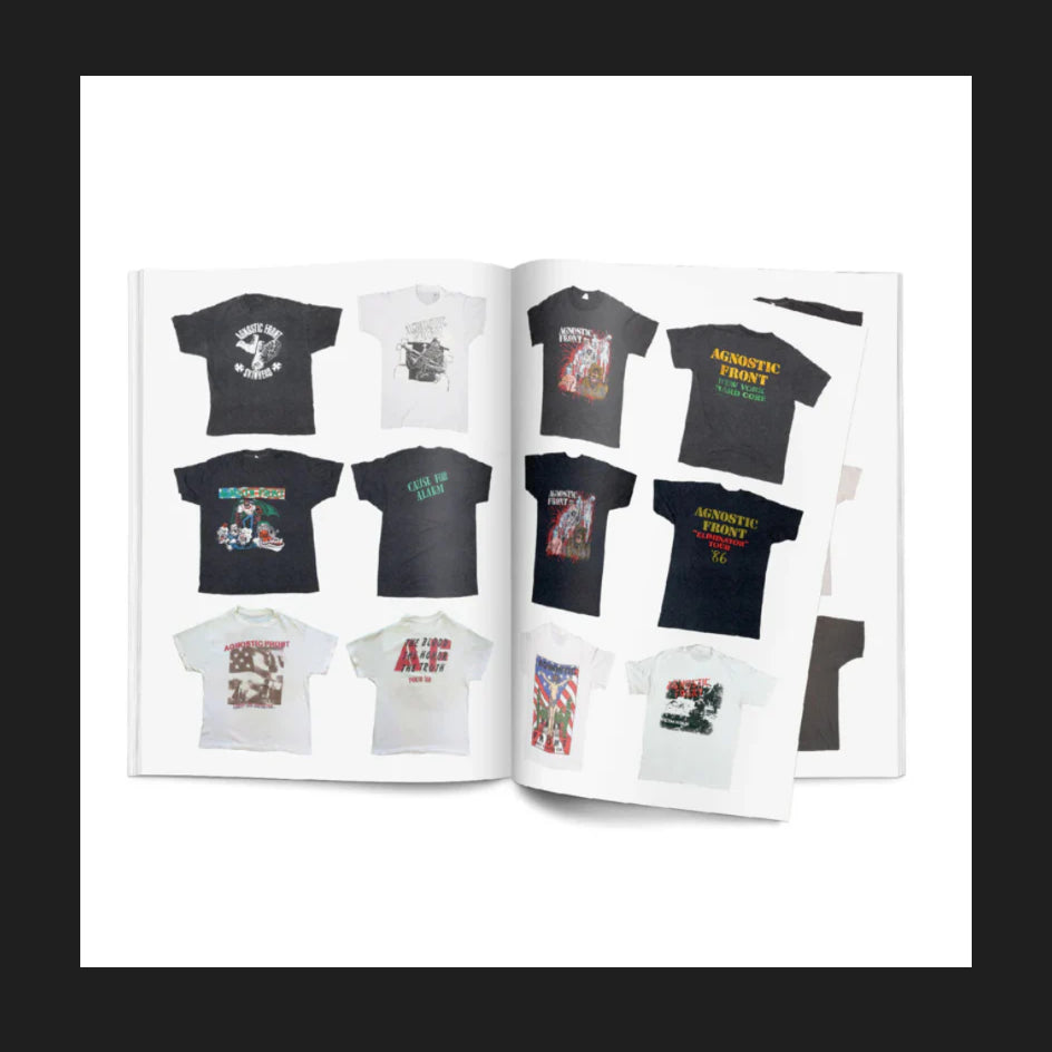 An open magazine showcases pages from the Merchnow collection, featuring vintage American hardcore T-shirts arranged in rows, each with distinct colors, logos, and designs set against a crisp white background.