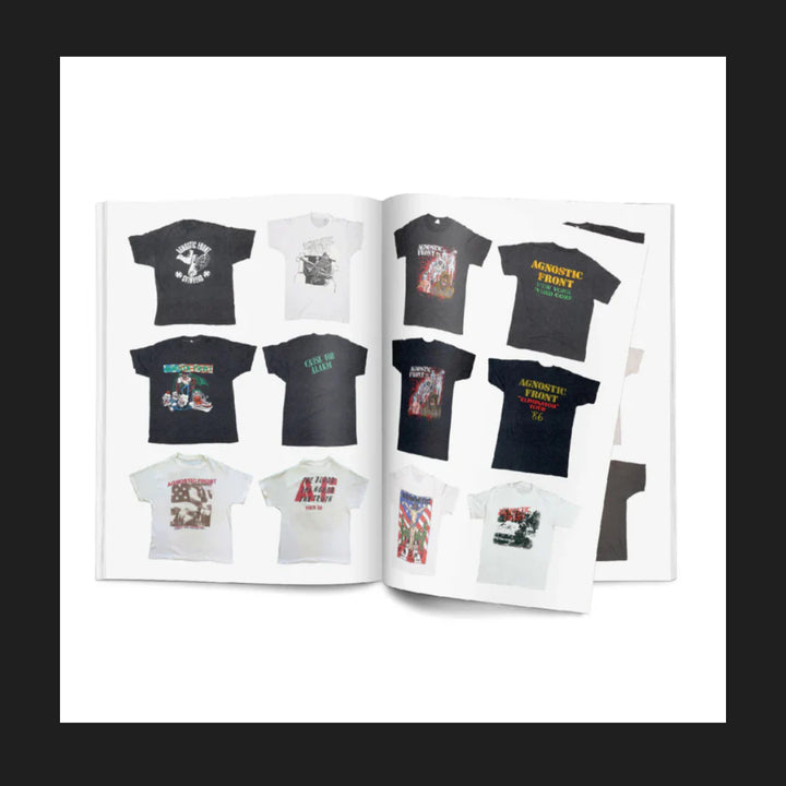 An open magazine showcases pages from the Merchnow collection, featuring vintage American hardcore T-shirts arranged in rows, each with distinct colors, logos, and designs set against a crisp white background.