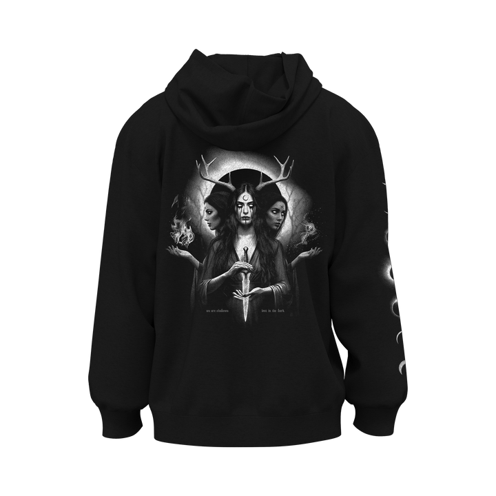 Kittie black heavyweight fleece hoodie featuring a mystical, three-faced goddess with antlers and dagger on the back, glowing symbols and smoke in her hands, halo behind her, and white sleeve designs.