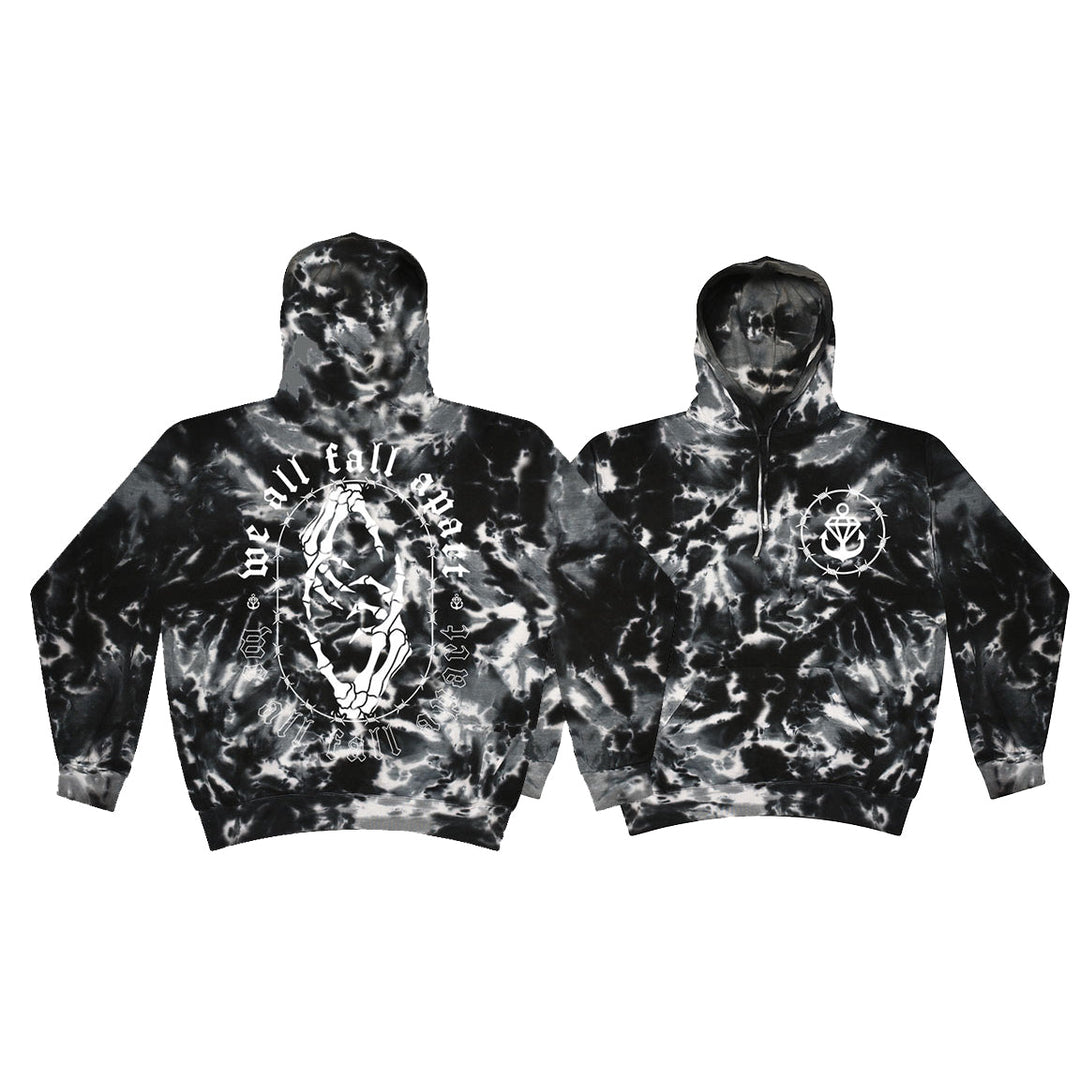 Two Stay Sick Clothing Fall Apart Pullovers in black and white tie-dye are shown front and back. The front features a small anchor, while the back displays a large skeleton, anchor, and the phrase “we all fall apart.”.