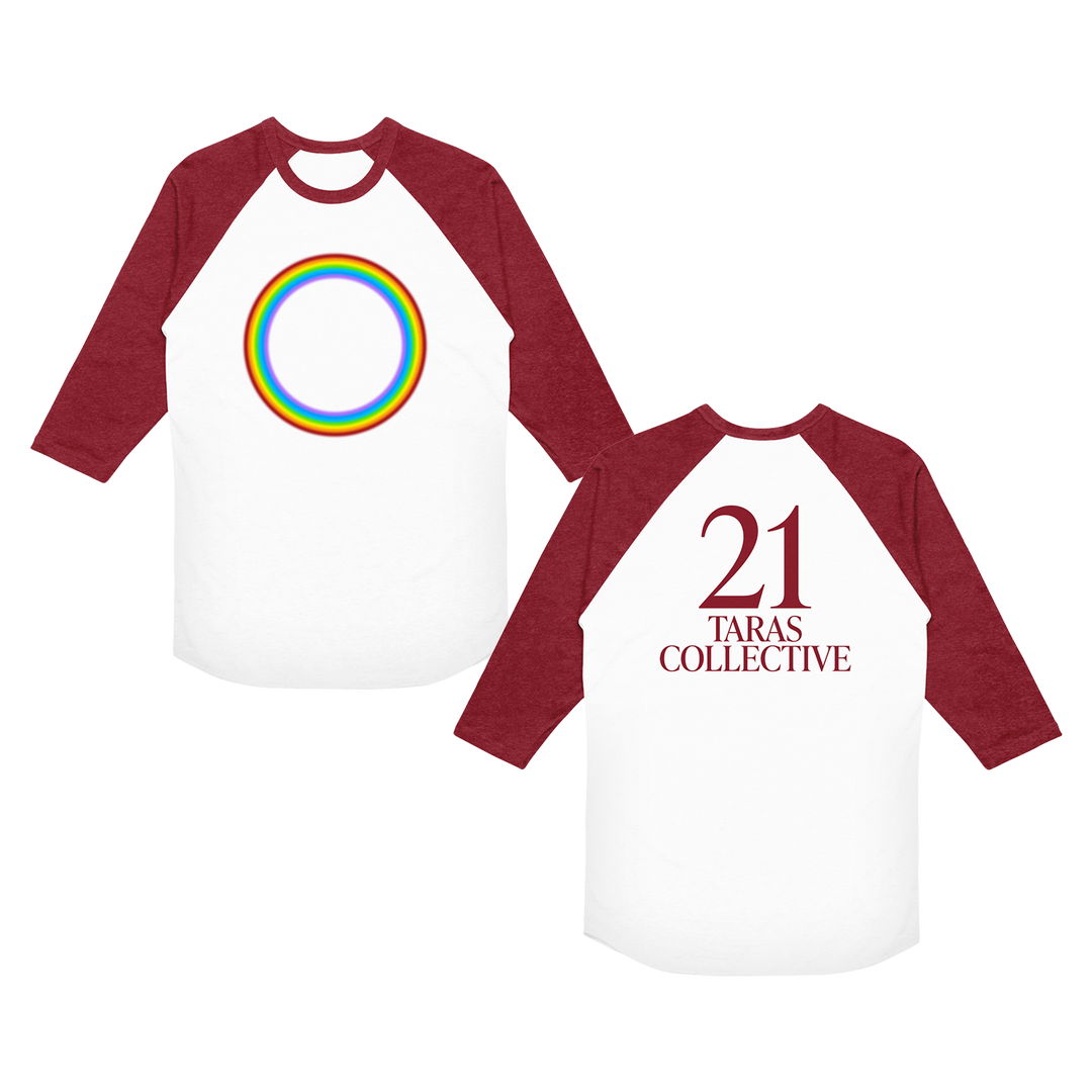 Two white and maroon three-quarter sleeve t-shirts from 21 Taras Collective feature a rainbow circle on the front and "21 TARAS COLLECTIVE" in bold maroon on the back. Made of soft combed ring-spun cotton.
