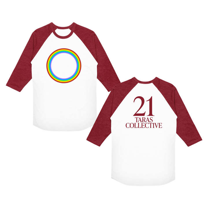Two white and maroon three-quarter sleeve t-shirts from 21 Taras Collective feature a rainbow circle on the front and "21 TARAS COLLECTIVE" in bold maroon on the back. Made of soft combed ring-spun cotton.