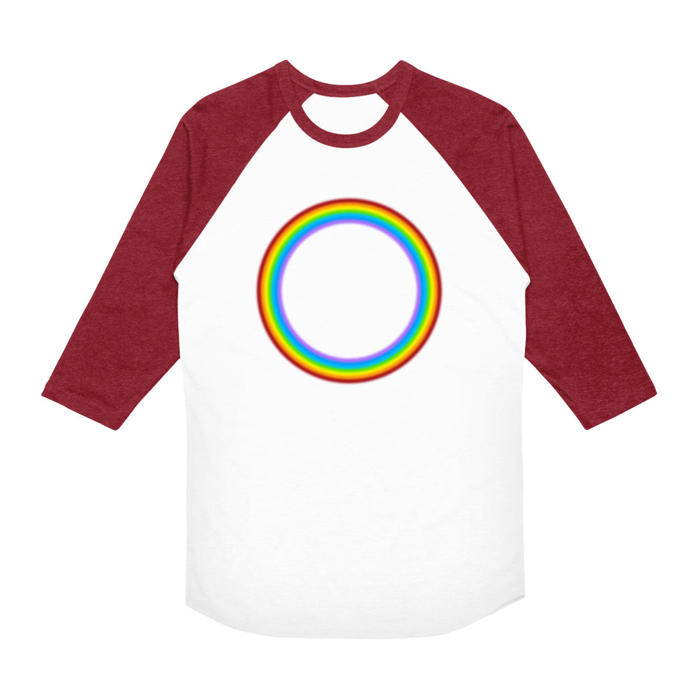 A white and maroon 21 Taras Collective raglan baseball shirt featuring a vibrant rainbow ring on the front, crafted from soft combed ring-spun cotton.