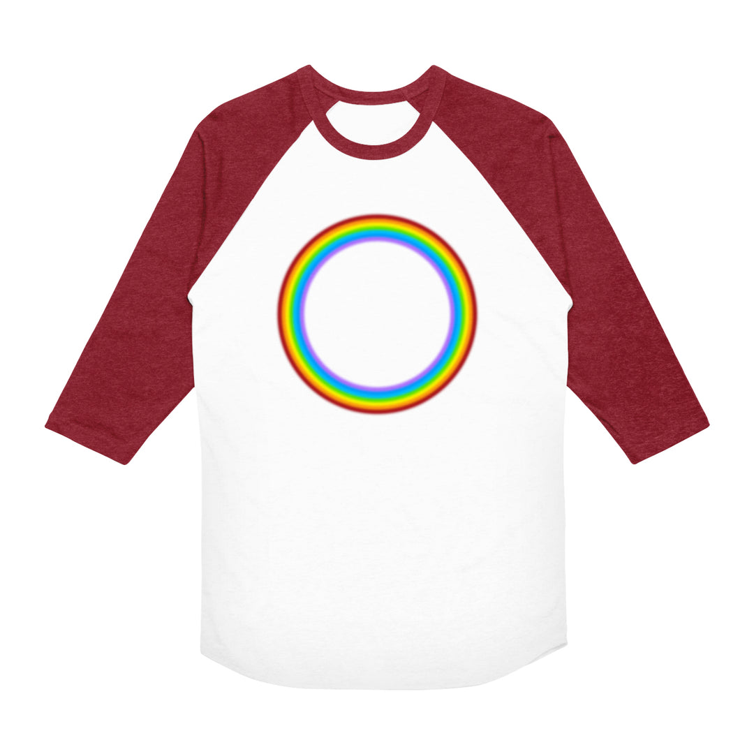 A white and maroon 21 Taras Collective raglan baseball shirt featuring a vibrant rainbow ring on the front, crafted from soft combed ring-spun cotton.
