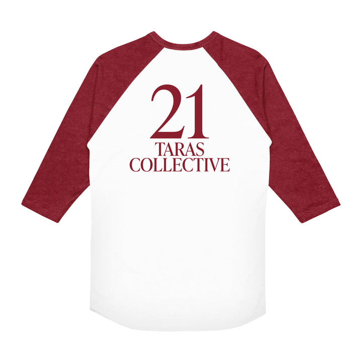 A white and maroon three-quarter sleeve t-shirt by 21 Taras Collective, featuring bold "21" and "Taras Collective" text on the back. Made from soft combed ring-spun cotton with a white body and maroon sleeves.