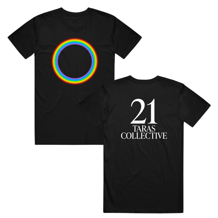 Two black 21 Taras Collective unisex T-shirts with a glowing rainbow ring on the front and large white 21 TARAS COLLECTIVE text on the back, made from soft airlume combed cotton for superior comfort and quality.