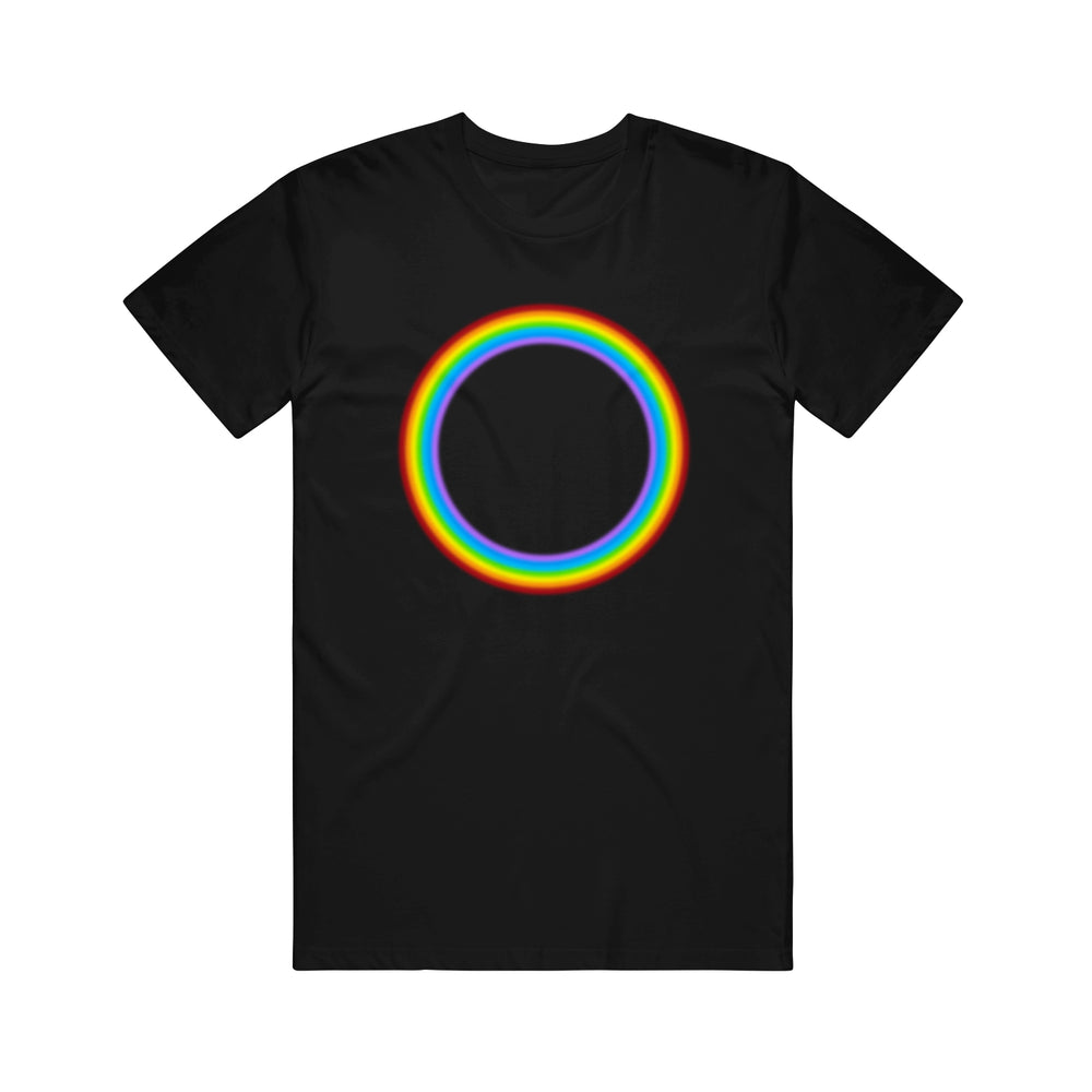 A black 21 Taras Collective tee with a vibrant rainbow circle design—ideal for fans of stylish printed t-shirts.