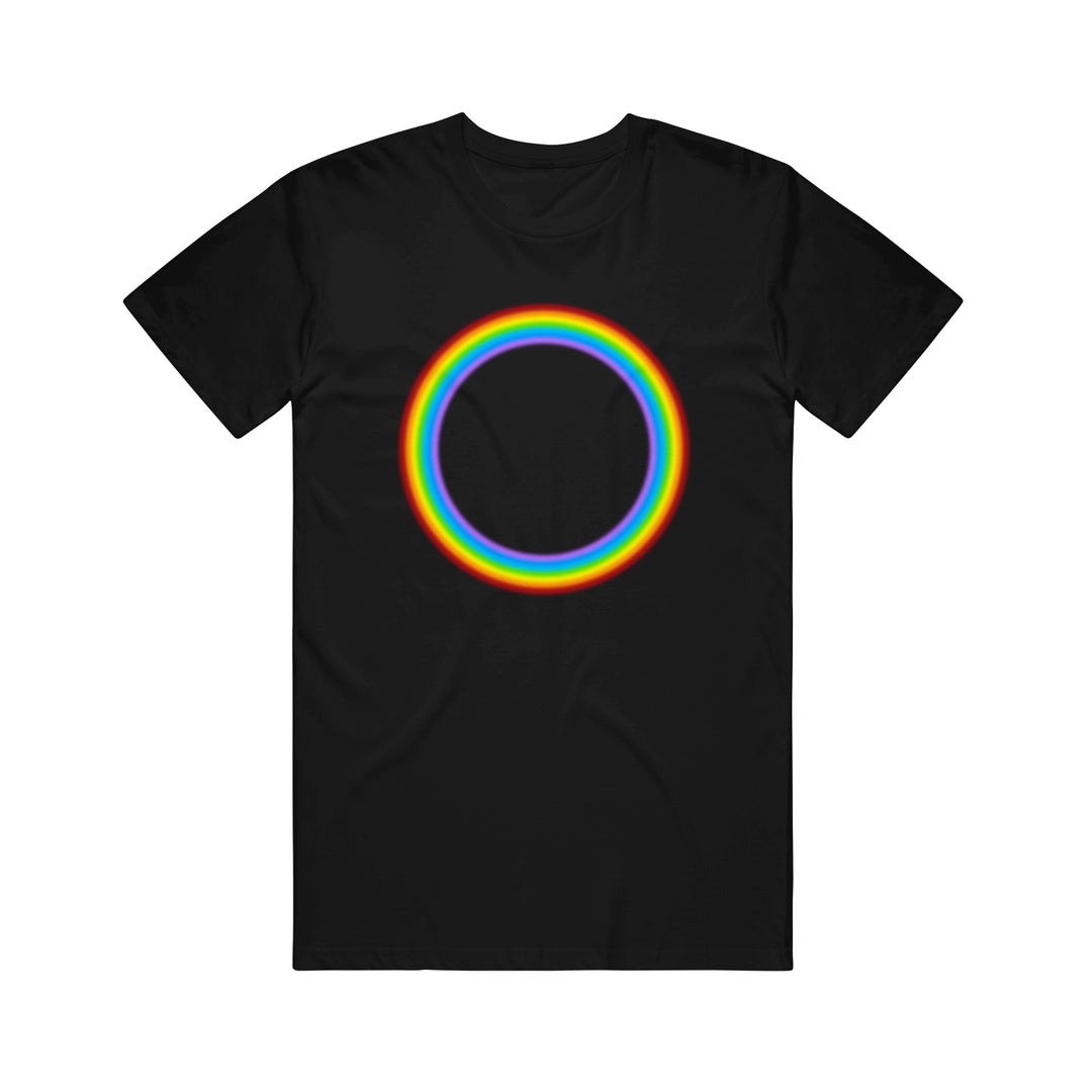 A black 21 Taras Collective tee with a vibrant rainbow circle design—ideal for fans of stylish printed t-shirts.