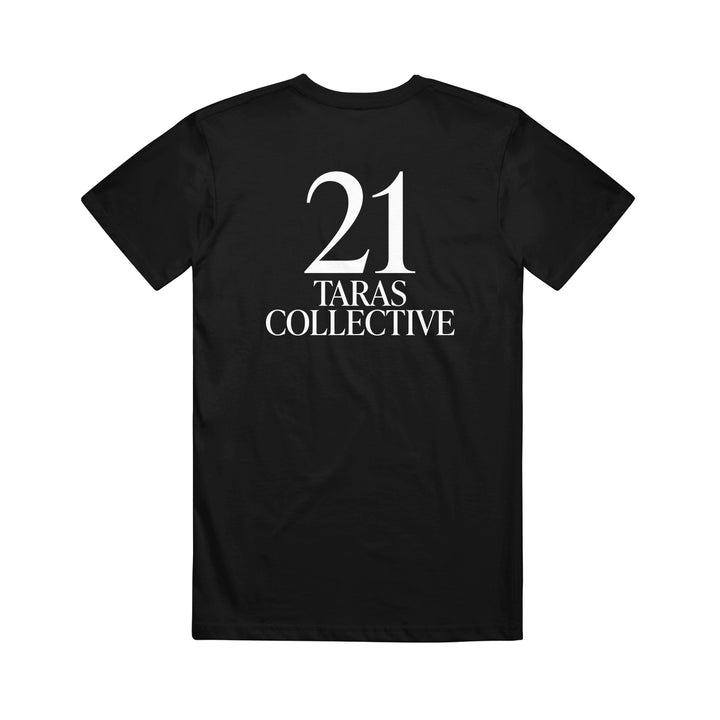 Black Bella Canvas tee featuring large white 21 Taras Collective text on the back in a bold, elegant font—ideal for fans of premium printed t-shirts from 21 Taras Collective.