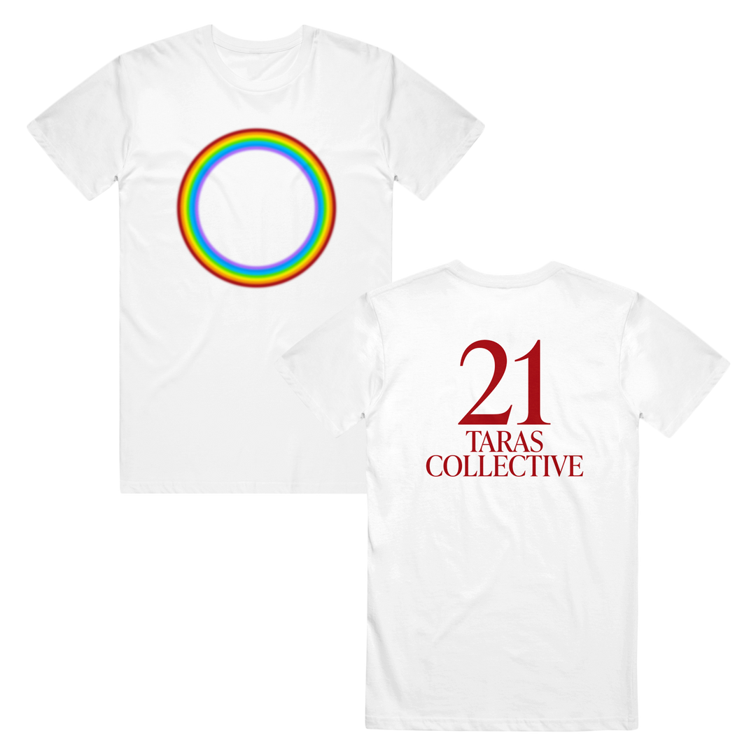 White t-shirt from 21 Taras Collective featuring a rainbow circle on the front, bold red 21 TARAS COLLECTIVE text on the back, made with soft airlume combed cotton and unisex sizing by Bella + Canvas.