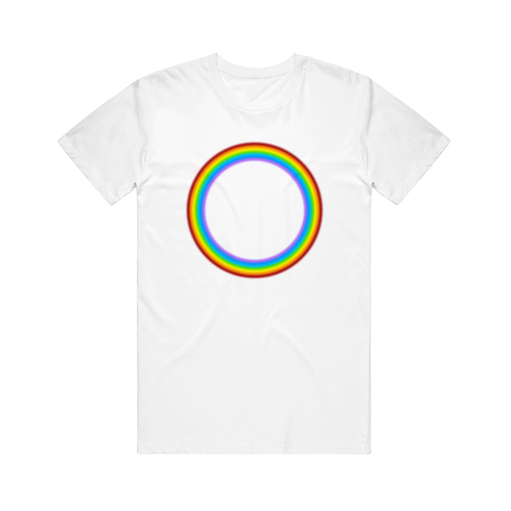 A plain white 21 Taras Collective tee featuring a large, centered rainbow-colored ring with a glowing effect.