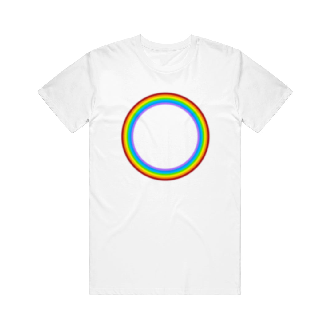 A plain white 21 Taras Collective tee featuring a large, centered rainbow-colored ring with a glowing effect.