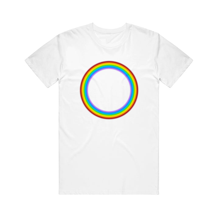 A plain white 21 Taras Collective tee featuring a large, centered rainbow-colored ring with a glowing effect.