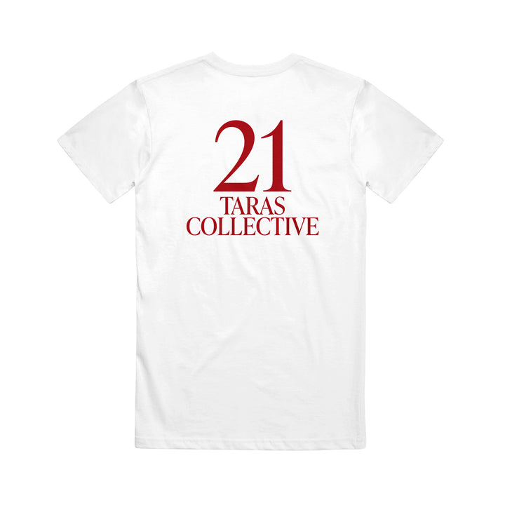 A white 21 Taras Collective Bella Canvas tee with bold red 21 above TARAS COLLECTIVE on the back—ideal for fans of standout printed shirts.