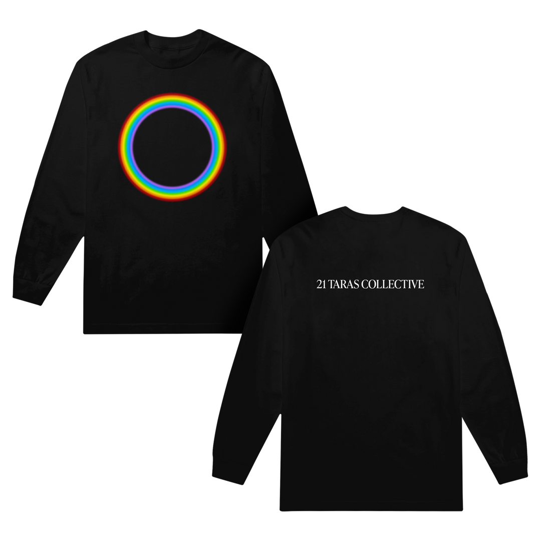 Black long-sleeve shirt with a rainbow circle design on the front and '21 Taras Collective' text on the back.
