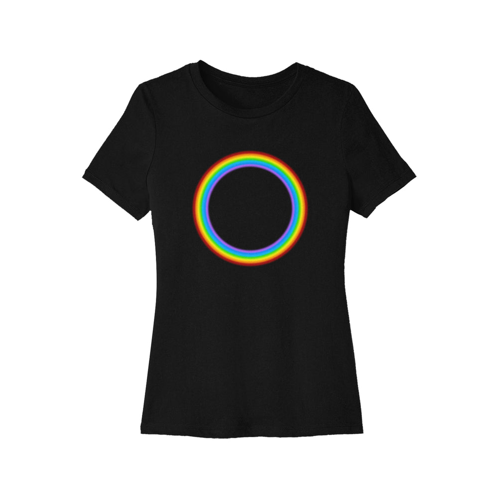 21 Taras Collective black ladies t-shirt with a bold, glowing rainbow-colored ring in a striking circular design centered on the chest.