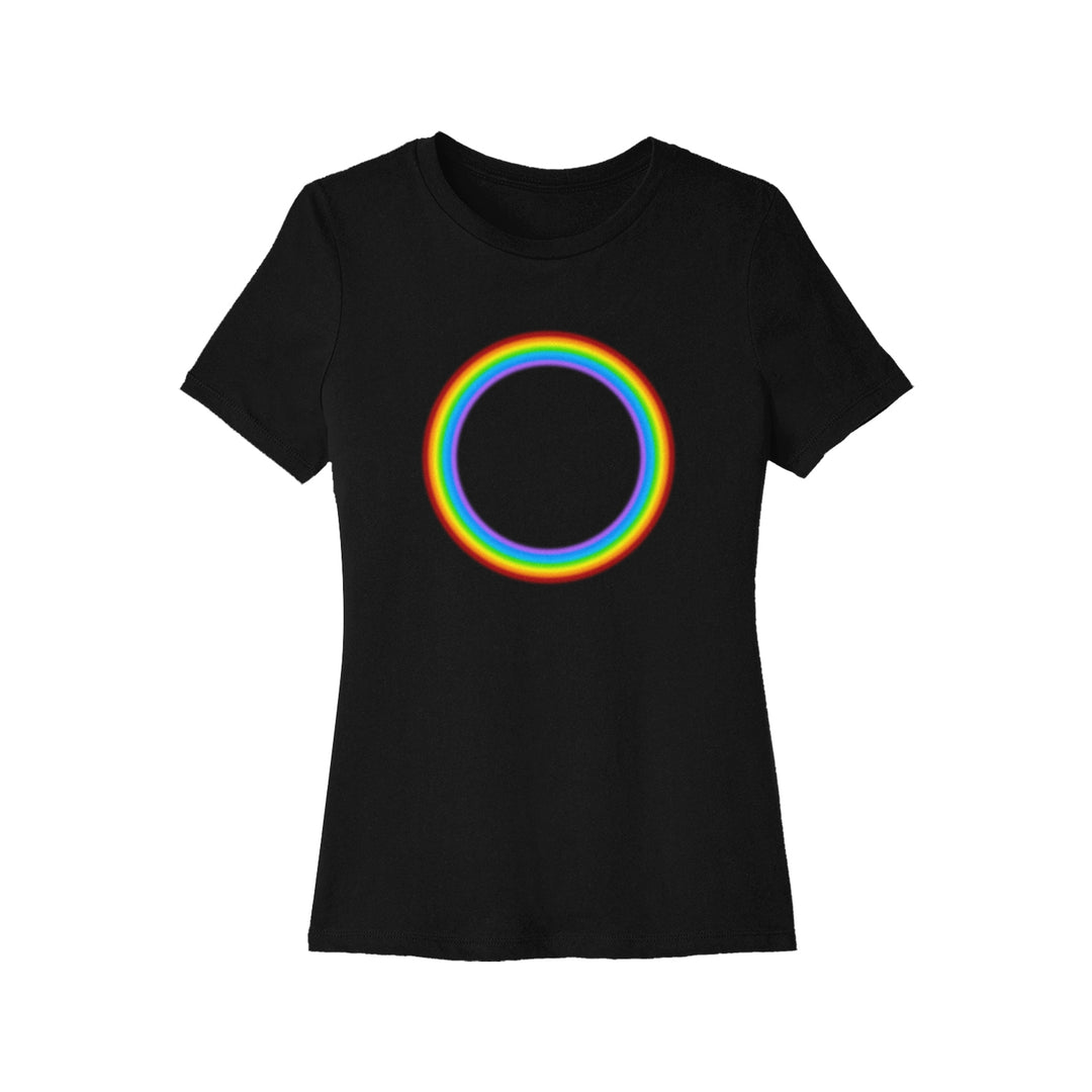 21 Taras Collective black ladies t-shirt with a bold, glowing rainbow-colored ring in a striking circular design centered on the chest.