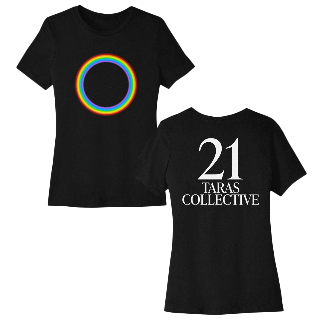 Black t-shirt with rainbow circle design on front and '21 Taras Collective' text on back