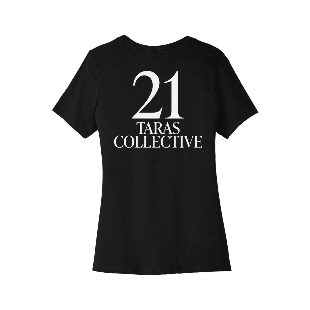 A black women's short-sleeve t-shirt from 21 Taras Collective features a bold circular back design with a large white number 21 above the words TARAS COLLECTIVE.