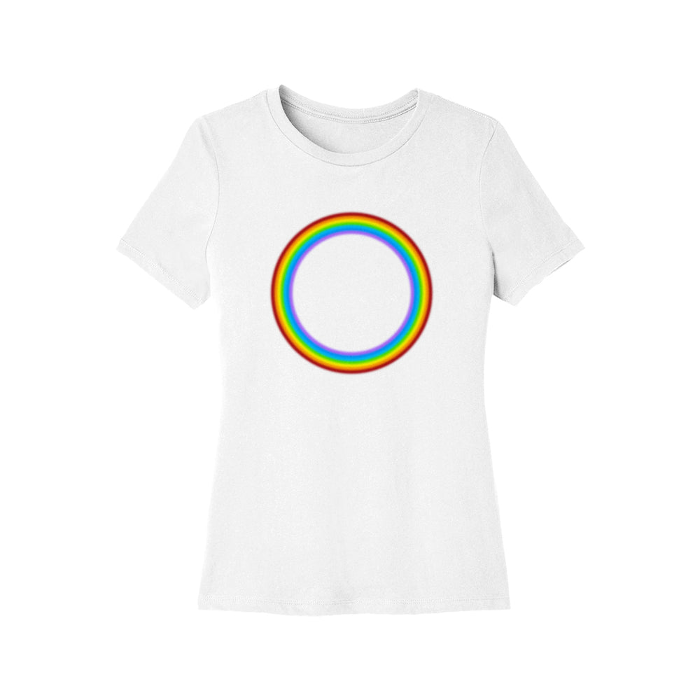 The 21 Taras Collective Rainbow White Ladies T-Shirt showcases a bold, centered ring with a vibrant rainbow gradient on the front.