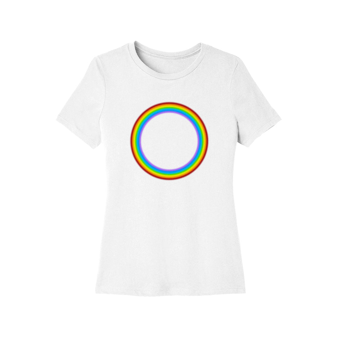 The 21 Taras Collective Rainbow White Ladies T-Shirt showcases a bold, centered ring with a vibrant rainbow gradient on the front.
