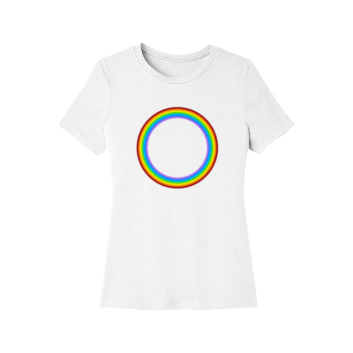 The 21 Taras Collective Rainbow White Ladies T-Shirt showcases a bold, centered ring with a vibrant rainbow gradient on the front.