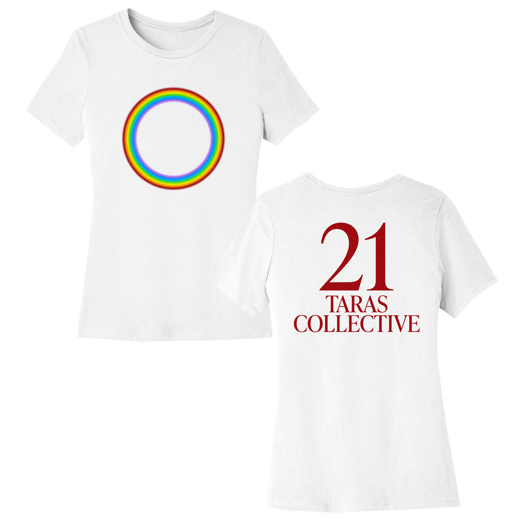 White t-shirt with rainbow circle on front and '21 Taras Collective' text on back