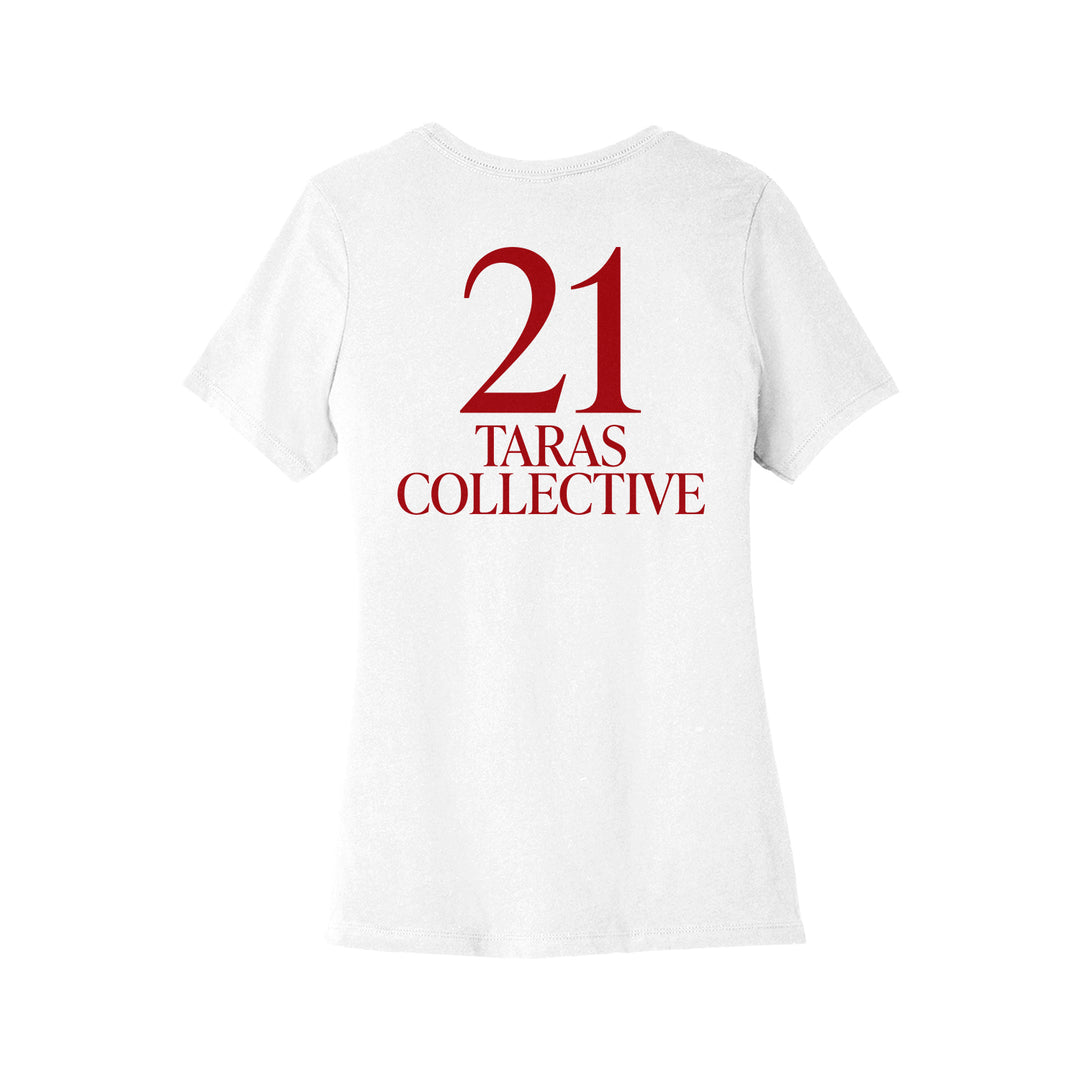 A white ladies t-shirt from 21 Taras Collective featuring large red "21" text and smaller "TARAS COLLECTIVE" text on the back.