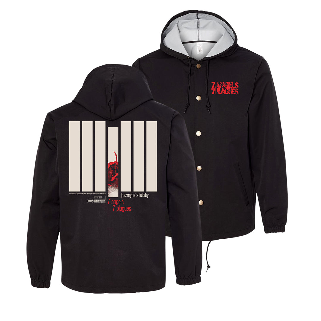 7 Angels 7 Plagues black hooded Coach's Jacket with front buttons. Water-resistant windbreaker features red and white band text, plus DTF transfers on back: vertical beige bars over a red image and the tracklist.