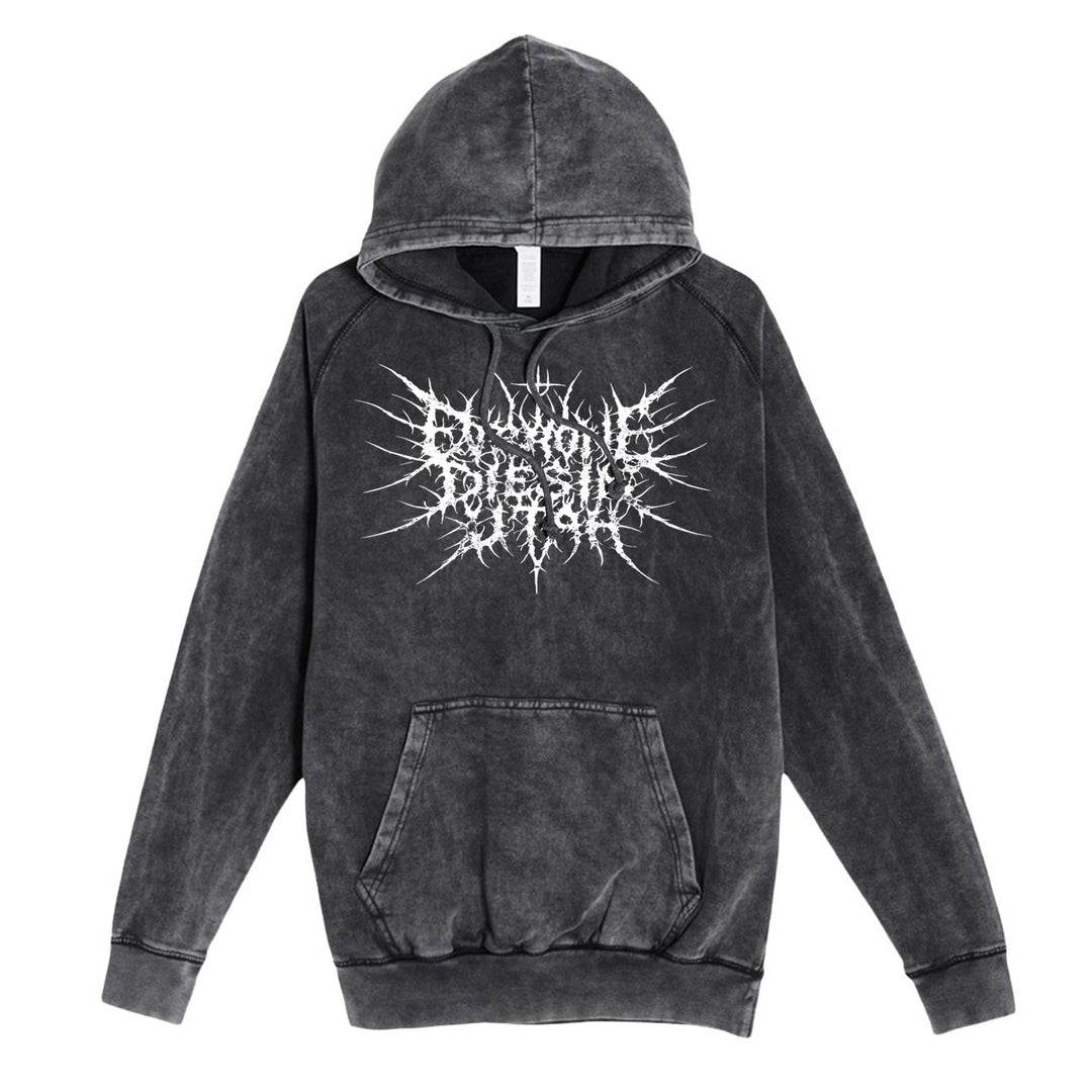 A black acid-wash pullover from Everyone Dies In Utah features bold white spiky abstract lettering across the chest, plus a front pocket and drawstrings.