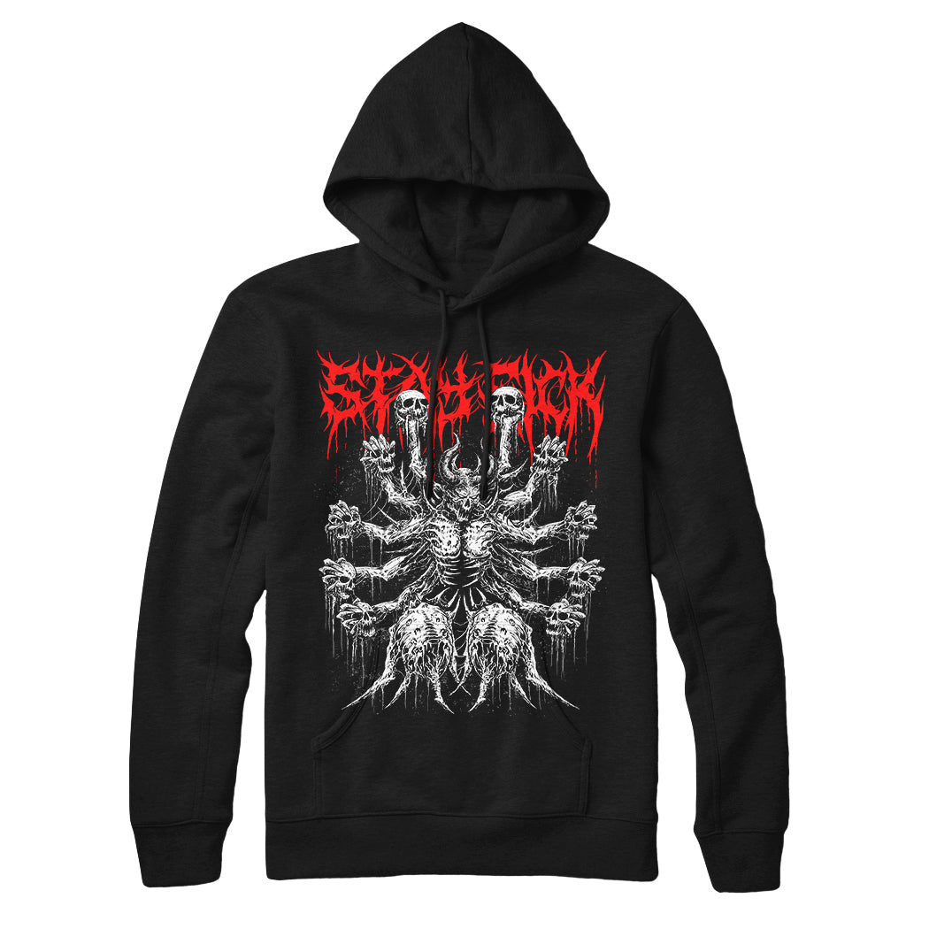 Stay Sick Clothing black pullover hoodie with a red, spiky Demon Lord band logo on top and a white, detailed multi-armed monstrous creature with dripping, skeletal features on the front.