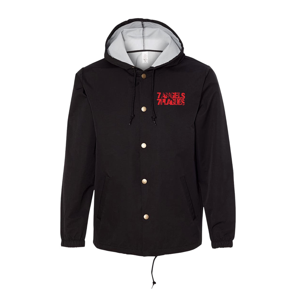 Black hooded coach’s jacket by 7 Angels 7 Plagues with gold buttons, front pockets, drawstring hem, water-resistant windbreaker fabric, light gray hood lining, and a red ZANIES N LAUGHS logo on the left chest.