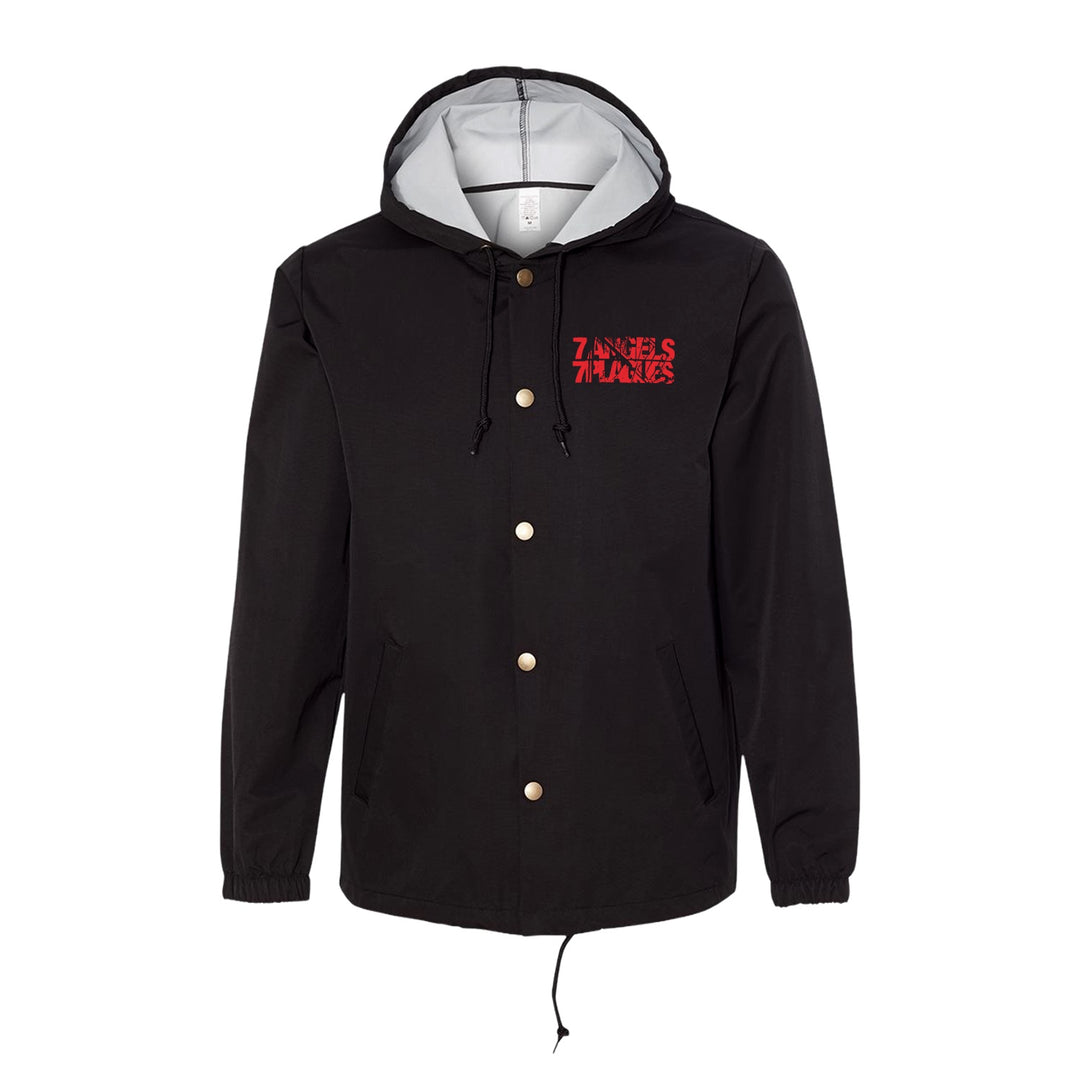 Black hooded coach’s jacket by 7 Angels 7 Plagues with gold buttons, front pockets, drawstring hem, water-resistant windbreaker fabric, light gray hood lining, and a red ZANIES N LAUGHS logo on the left chest.