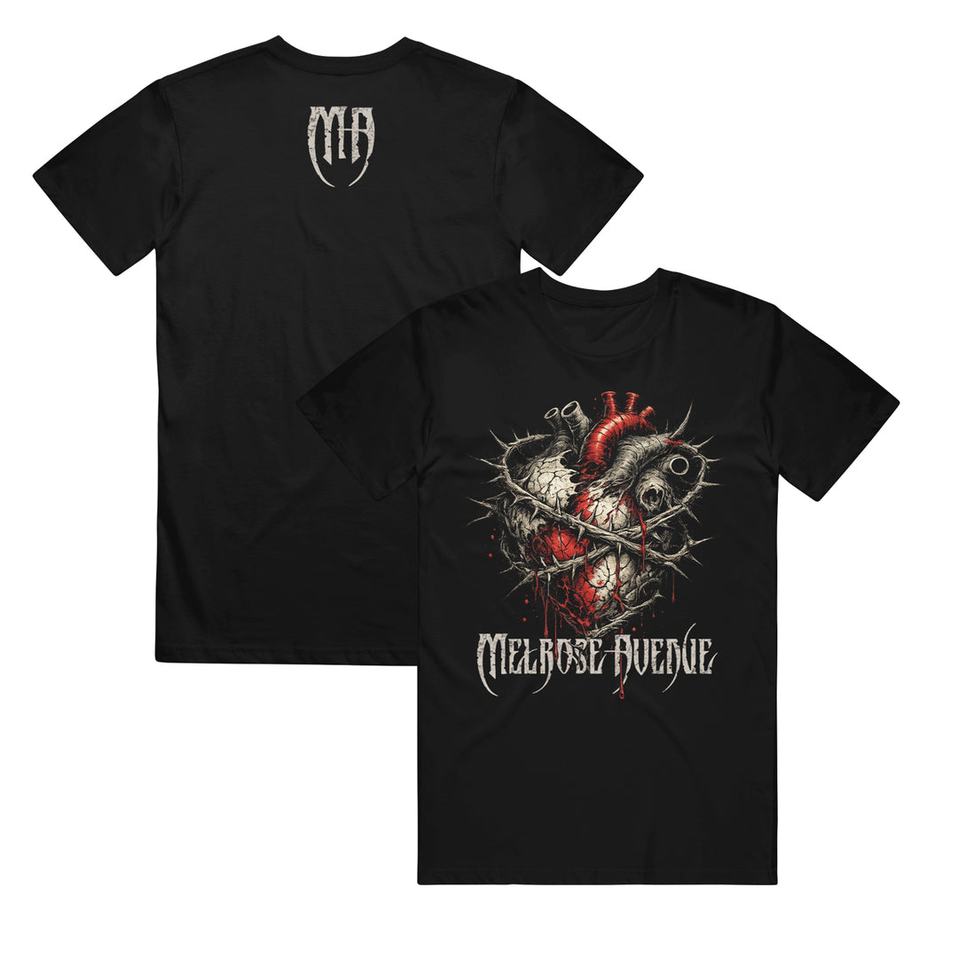 Melrose Avenue black regular-fit combed cotton tee with a detailed anatomical heart wrapped in barbed wire and blood splatters plus "Melrose Avenue" on the front; small MA logo at back neck. ASColour 5001.
