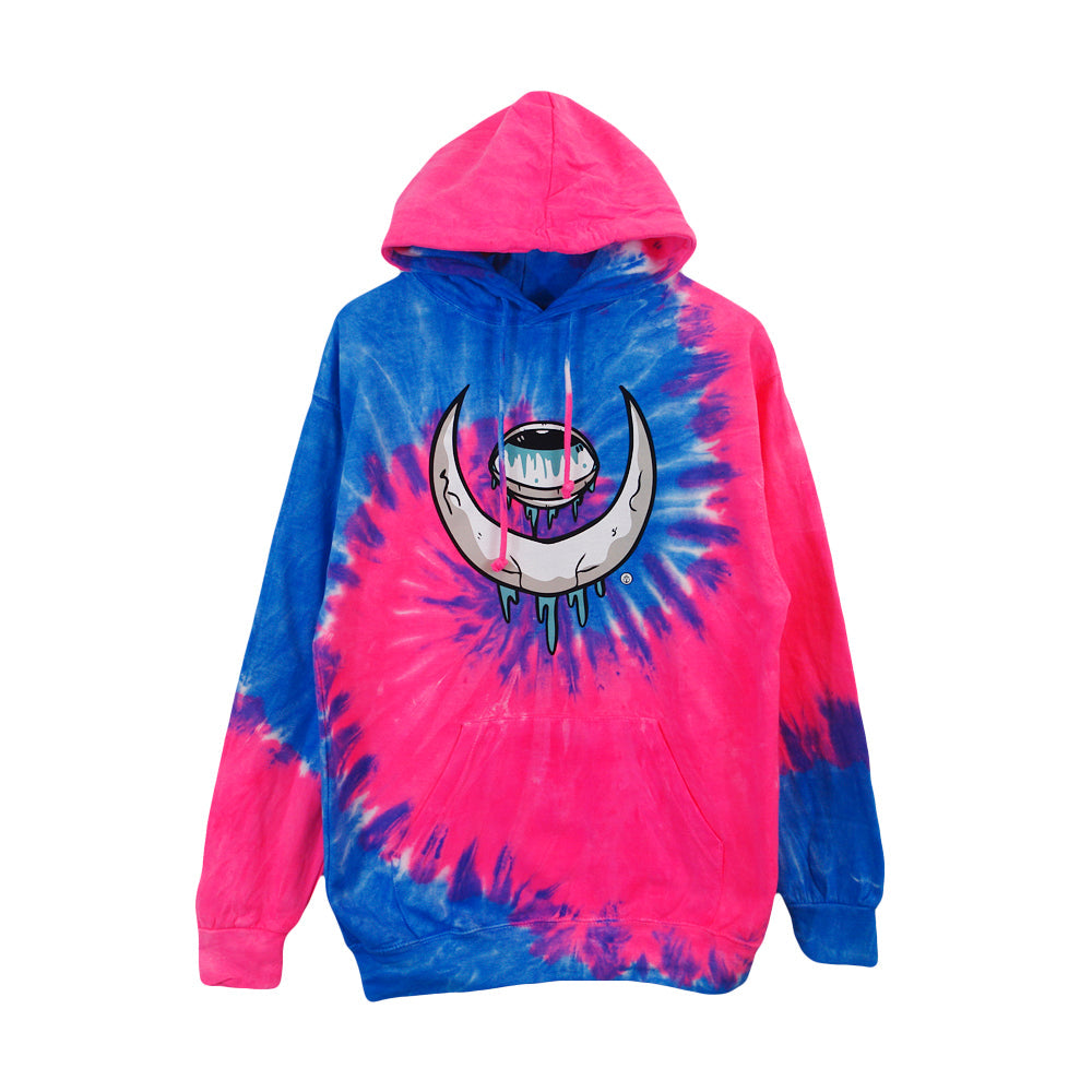 A Stay Sick Clothing tie-dye hoodie with vibrant pink and blue swirls, featuring a large Eye Moon graphic—a crescent moon with a toothy, dripping mouth—in the center.