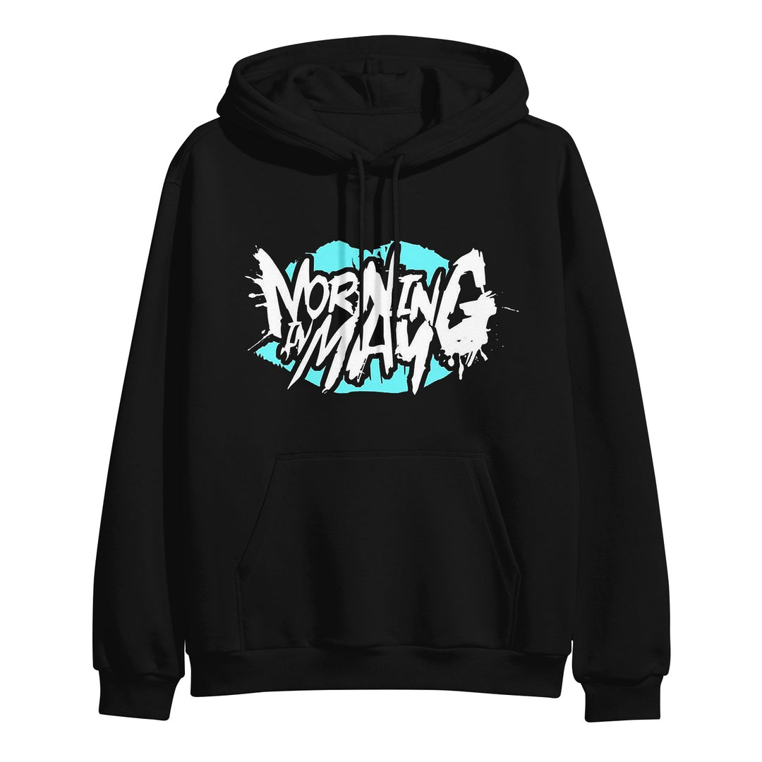 Morning In May black pullover hoodie with bold white graffiti-style "Morning In May" text, set over a bright blue circular background.