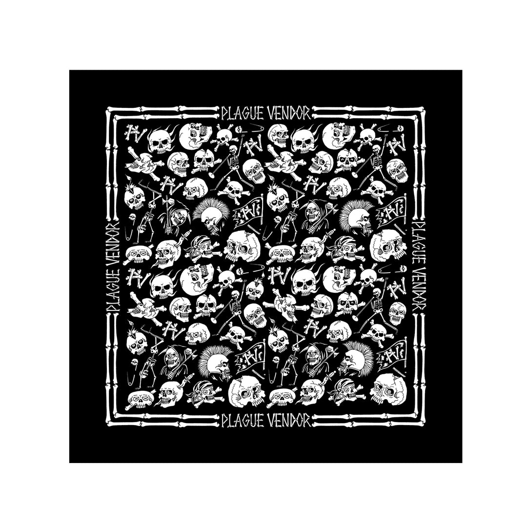 This black Plague Vendor bandana features white skulls, faces, bones, and bone patterns, with "PLAGUE VENDOR" bordering the design.
