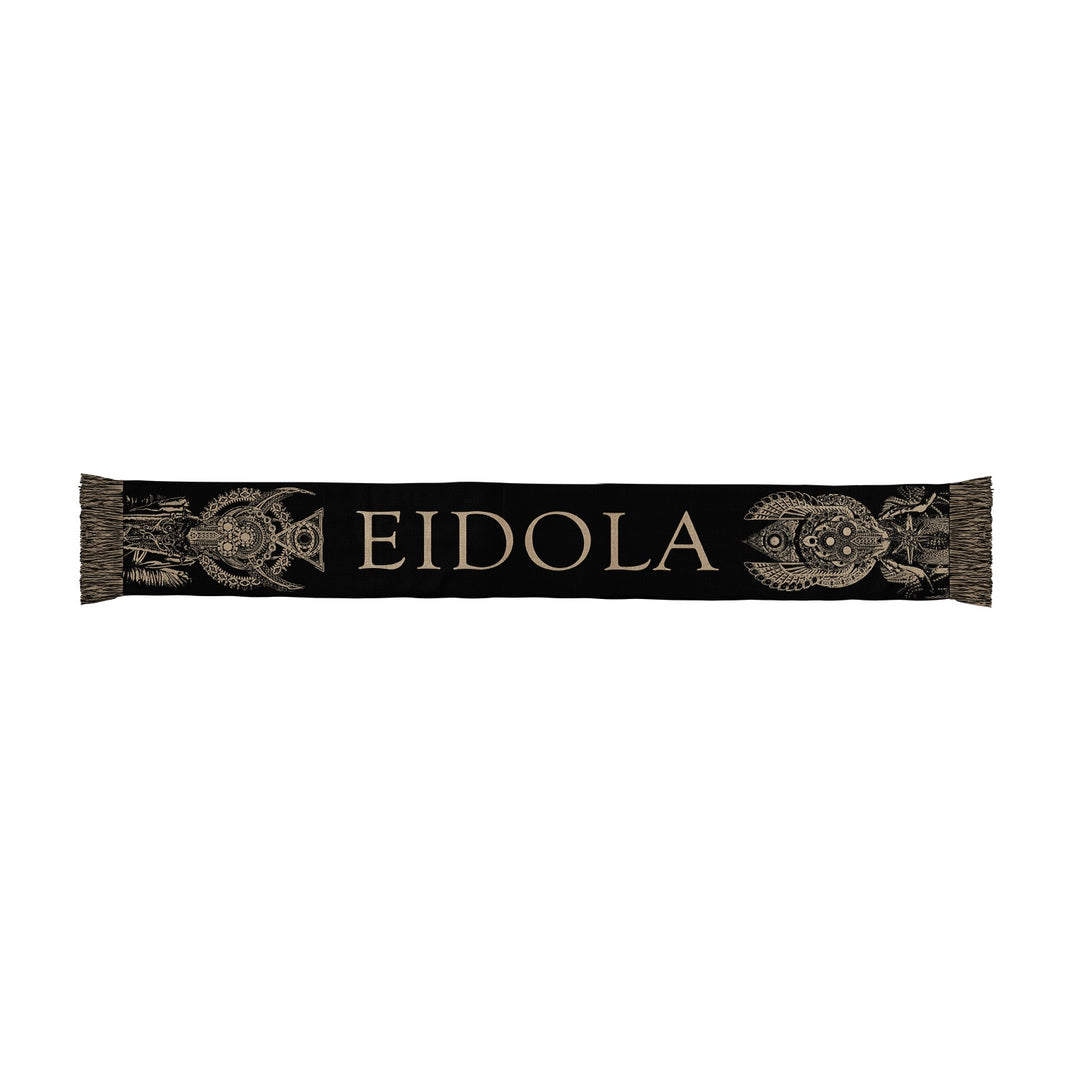 Eidola black jacquard knit scarf with beige fringe, featuring EIDOLA in large beige letters and detailed fish and floral motifs on both sides.
