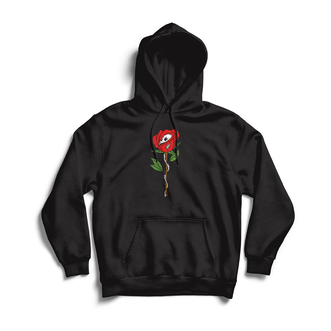 Stay Sick Clothings Barbed Rose Black hoodie features a front pocket and an embroidered red rose with a single eye and green leaves, displayed on a white background.