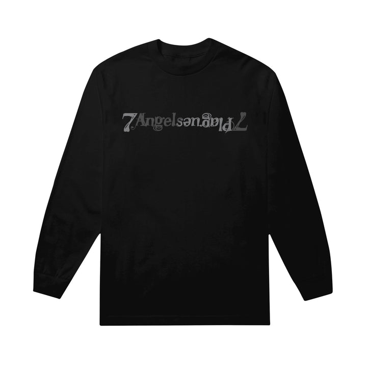 Black long-sleeve shirt by 7 Angels 7 Plagues, style 1304, featuring "7Angels and 7Plagues" in metallic reflective print across the chest.